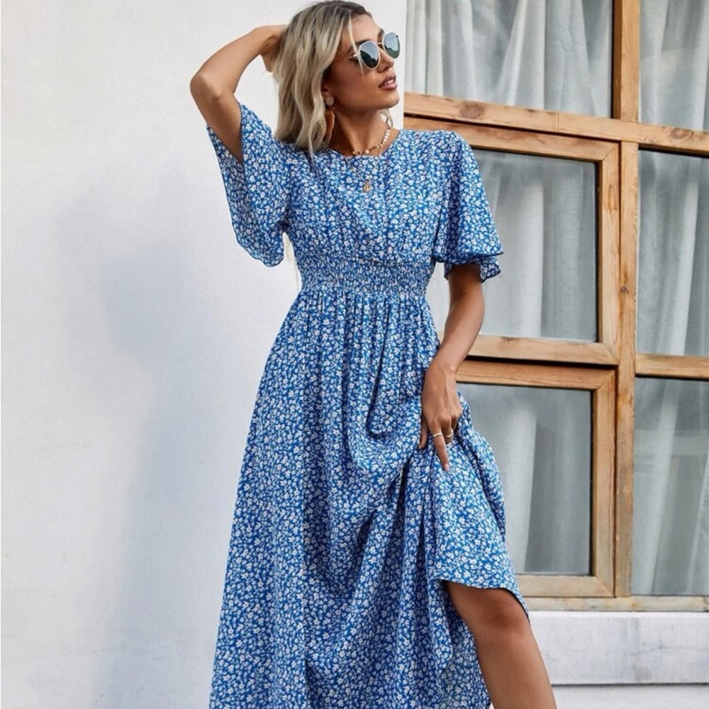 Long Blue Dress with Flowers